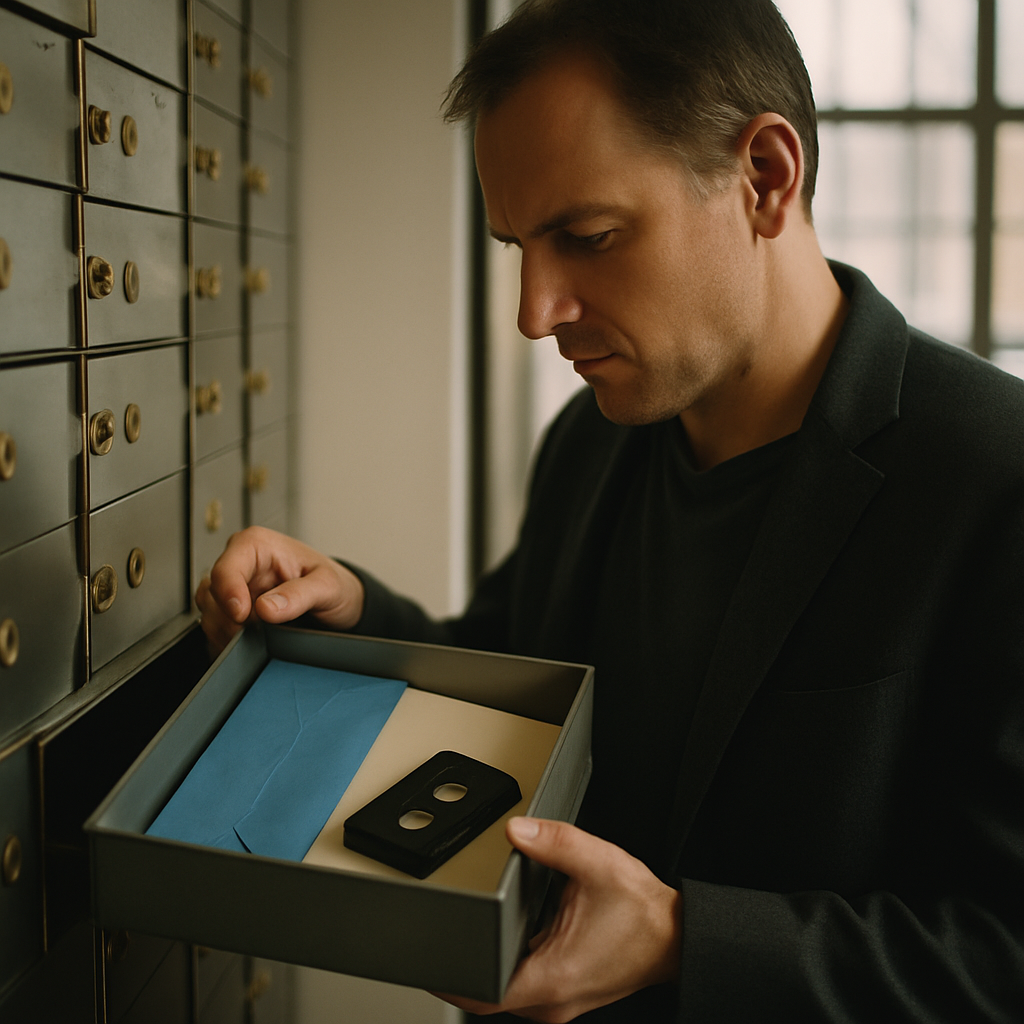 Man opening safe-deposit box with blue envelope and cassette tape inside a bank vault