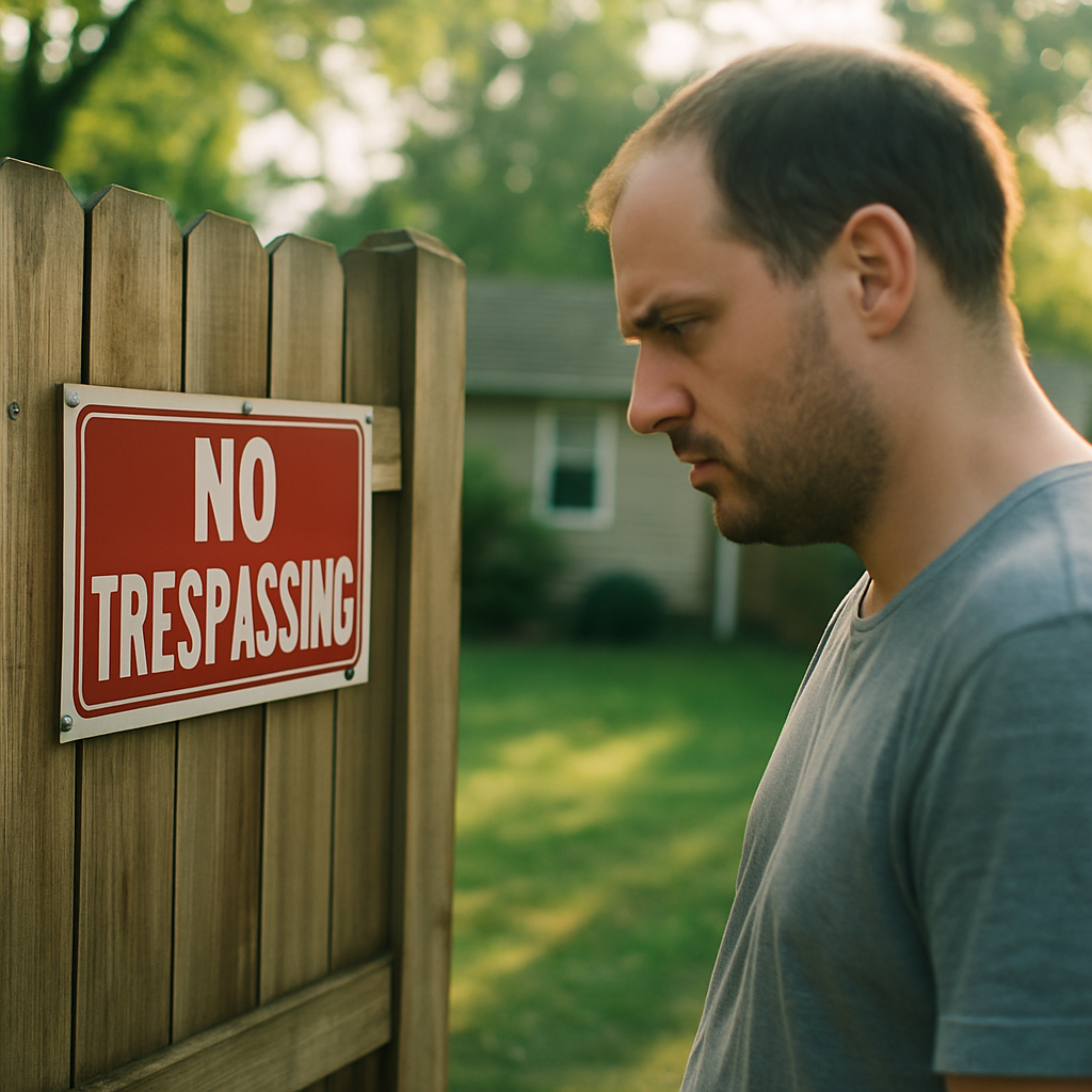 Man looking at no trespassing sign on fence facing his yard in morning light.