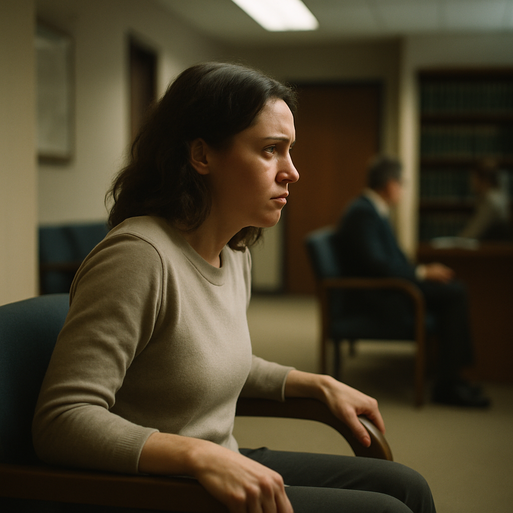 Woman waiting nervously in a lawyer's office reception area.