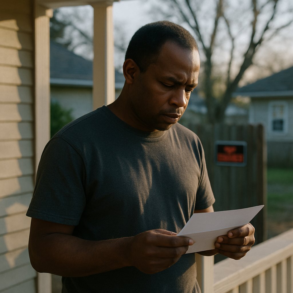 Man reading a fine letter on his porch with ‘No Trespassing’ sign in background.