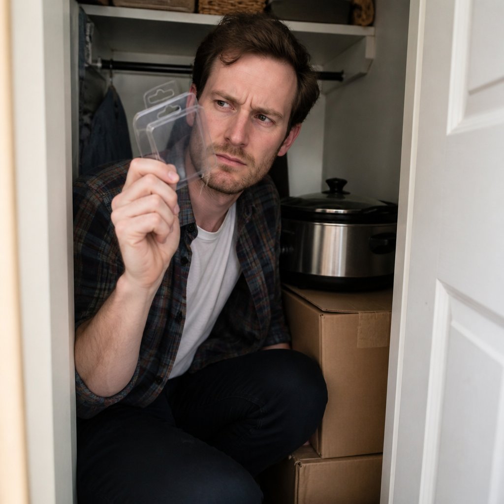 Man discovering empty gift card sleeves in closet.