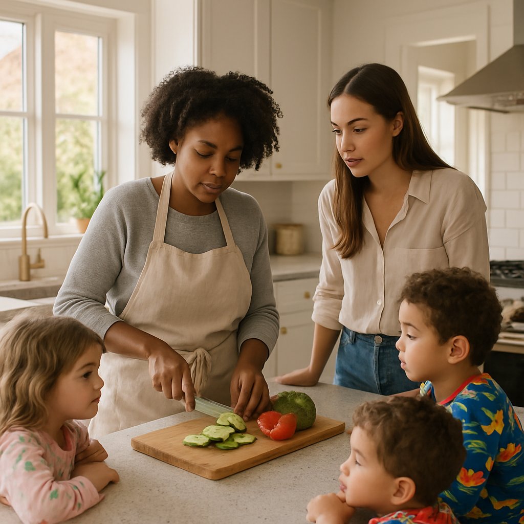 Mother cooking while Mia hovers and instructs in kitchen, kids watching.