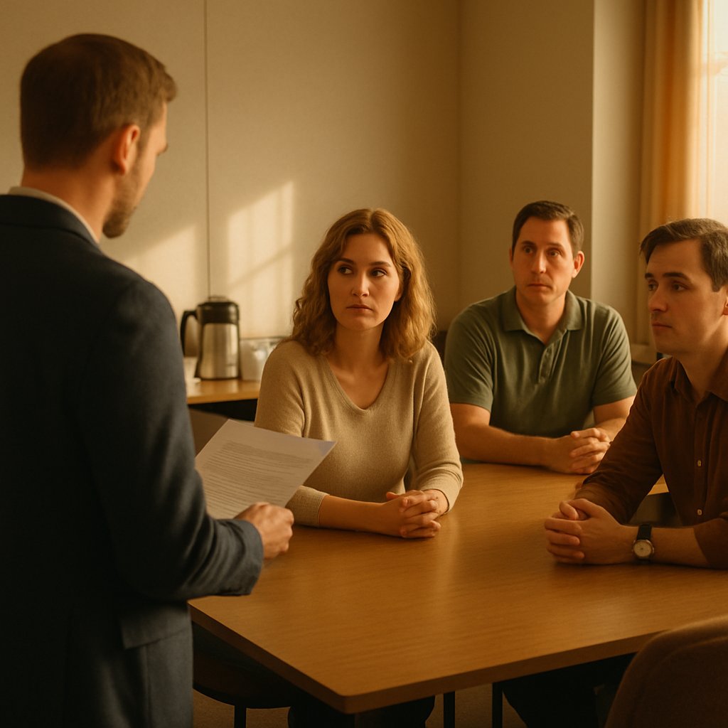 Lawyer reading will aloud to three attentive adults in conference room.