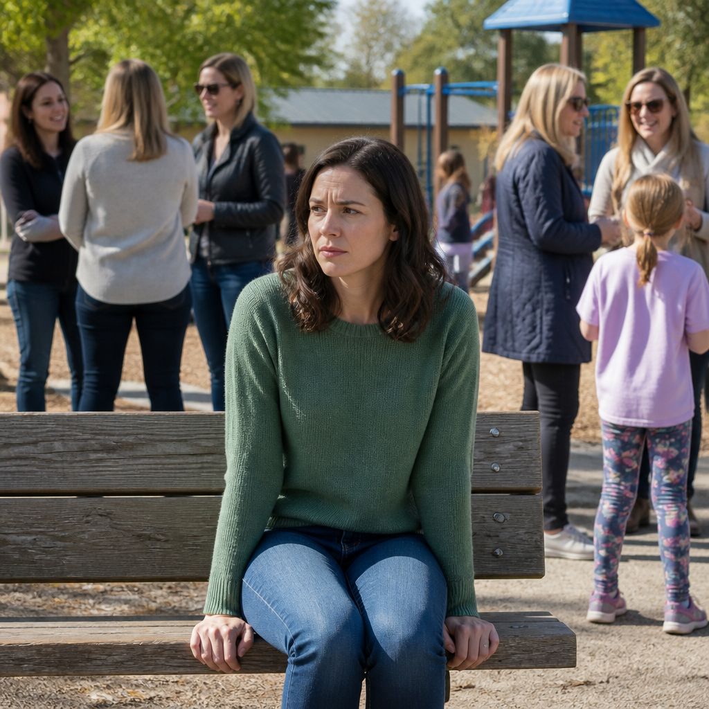 Woman in green sweater sitting alone on bench while other parents talk nearby, feeling isolated.