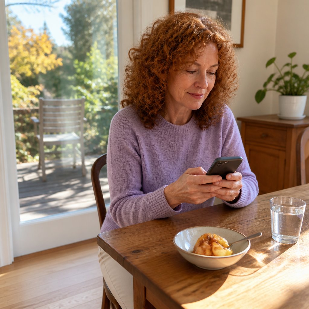 Woman at dining table holding phone with quiet determination, wearing lavender sweater, baked apples on table.