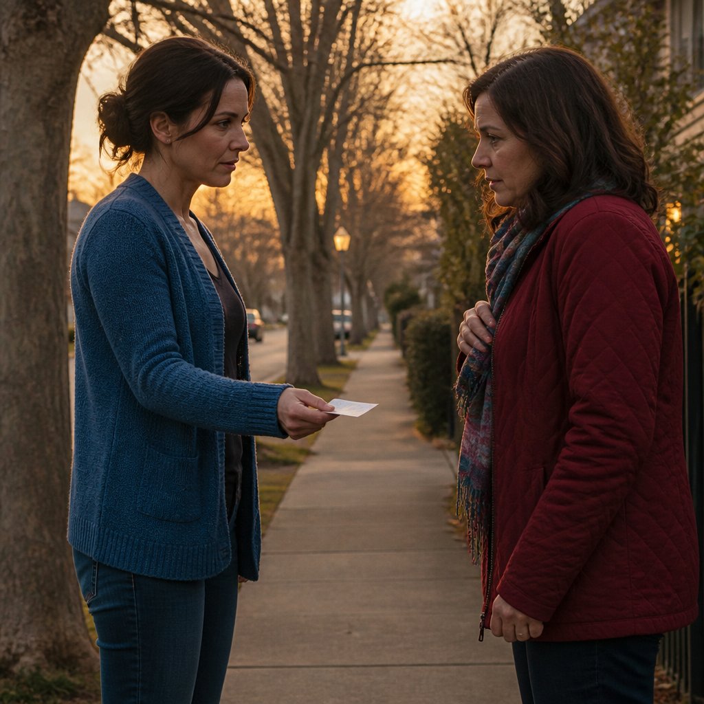 Neighbor handing a folded note to a woman on a quiet street, both glancing around nervously.