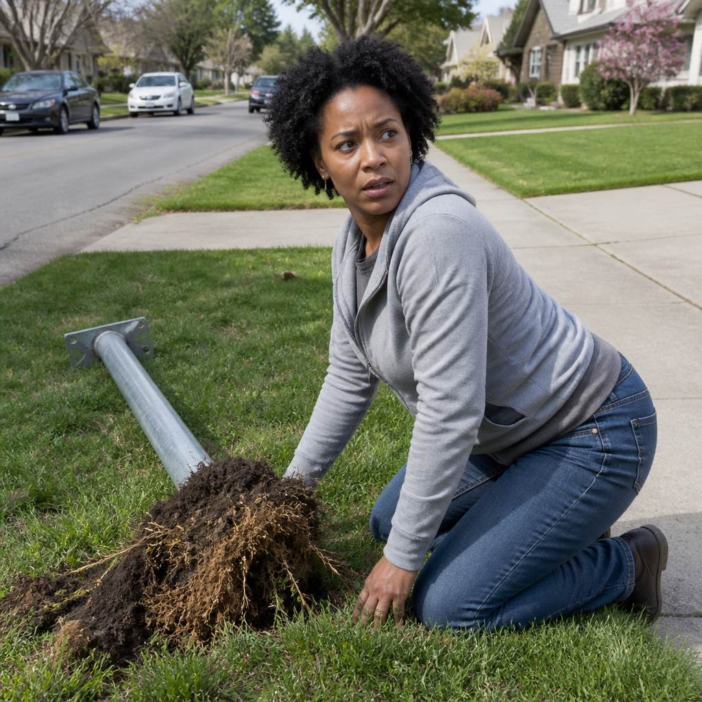 Woman removes a 'No Parking' sign from a lawn, glancing nervously behind her.
