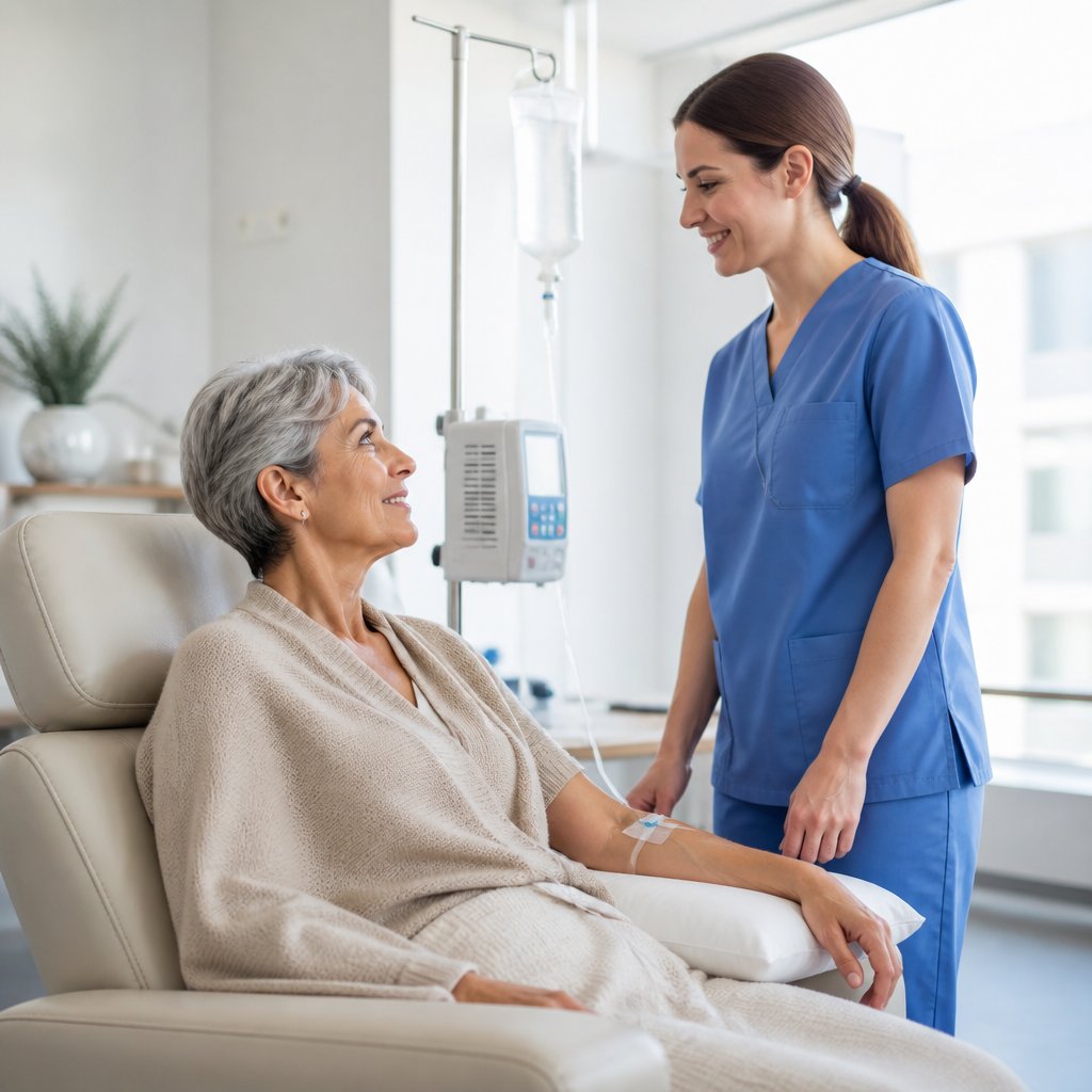 Woman getting IV infusion in a clinic, wrapped in a beige shawl, nurse nearby.