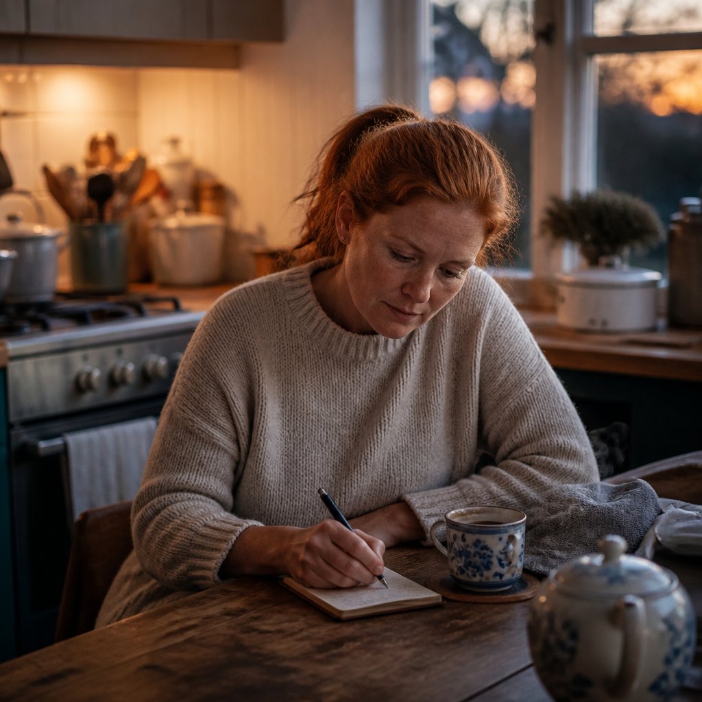 Woman writing notes quietly at a kitchen table in the evening