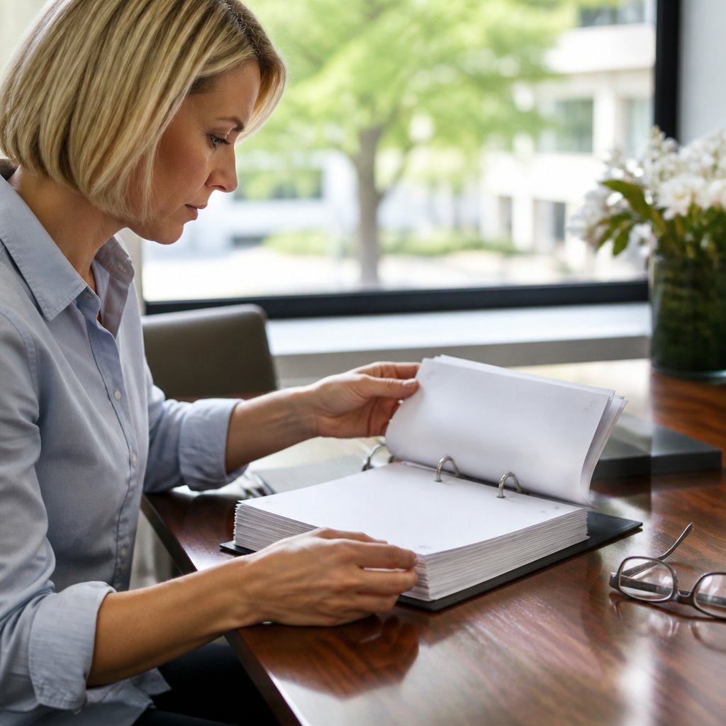 Hands flipping through numbered legal documents in a binder.