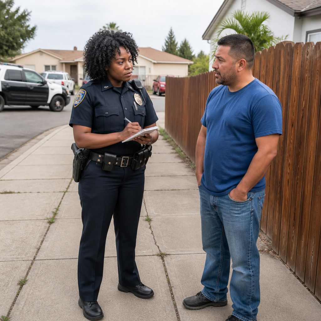 Police officer taking notes as a concerned man explains a dispute on a suburban sidewalk near a wooden fence.