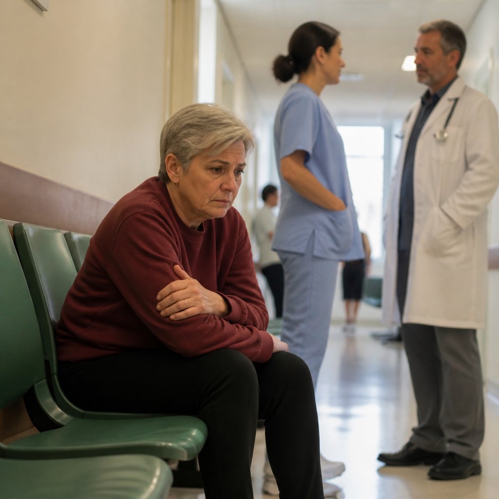 Woman waiting anxiously in hospital after tests show no clear cause.
