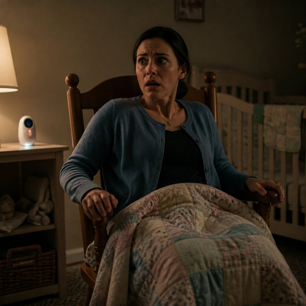 Woman frozen in a rocking chair at night hearing sister-in-law whisper through baby monitor.