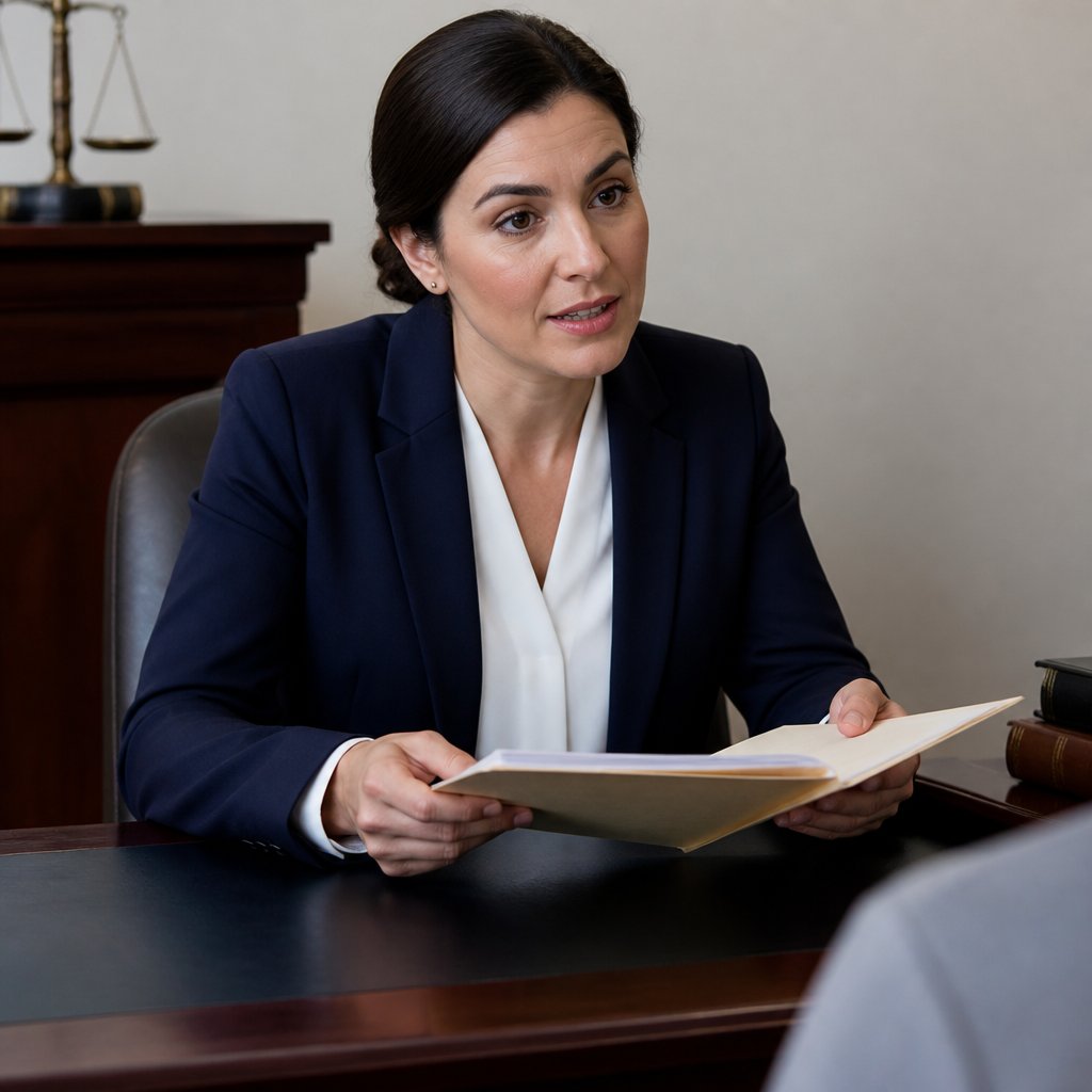 Lawyer holding file folder, speaking quietly with a serious expression.