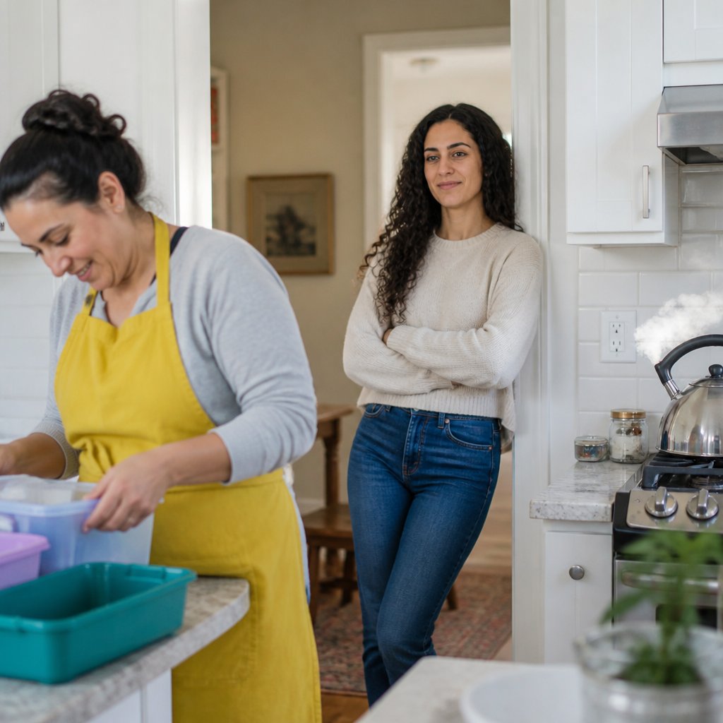 Kara watching Denise rearrange the kitchen with plastic bins on the counter.