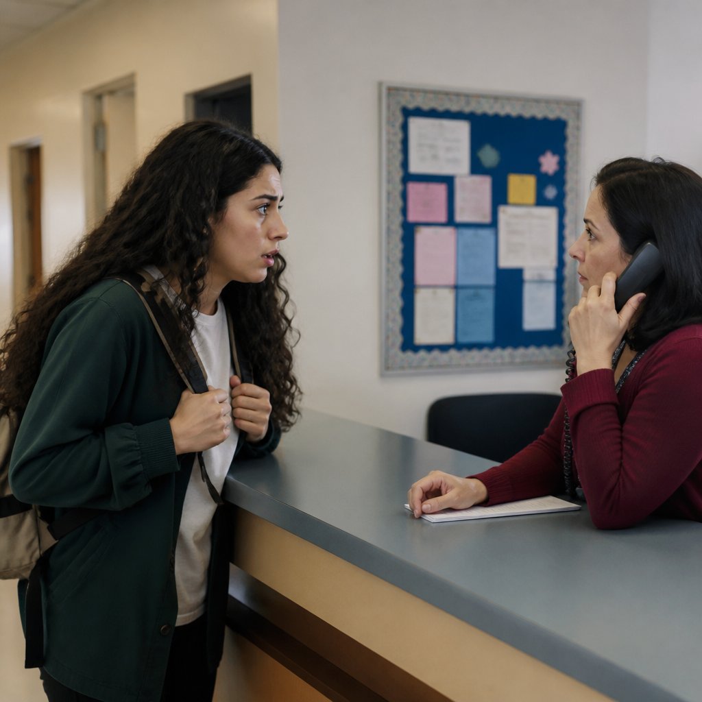 Woman learning emergency contact was changed without her knowledge in school office hallway.