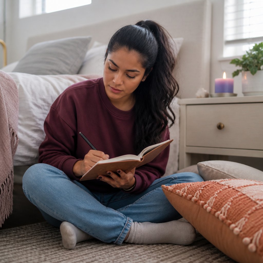 Woman sitting on bedroom floor writing in notebook looking thoughtful.
