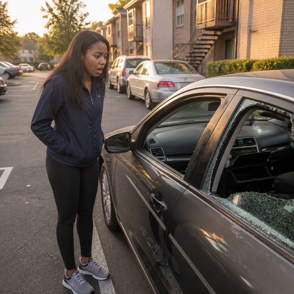 Mara stands beside her car, shocked, after finding the passenger window smashed and her folder missing.