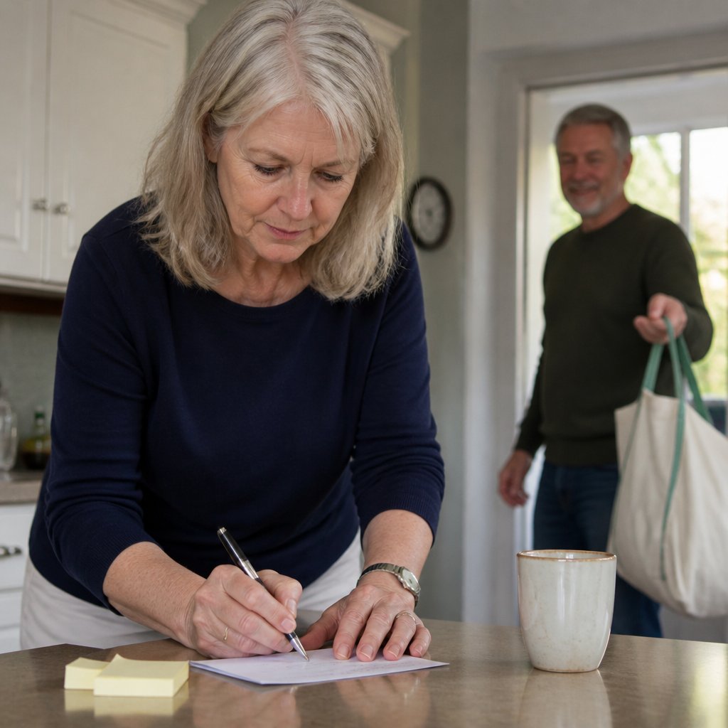 Nina writes down numbers at the kitchen counter as Matt comes in smiling like nothing’s wrong.