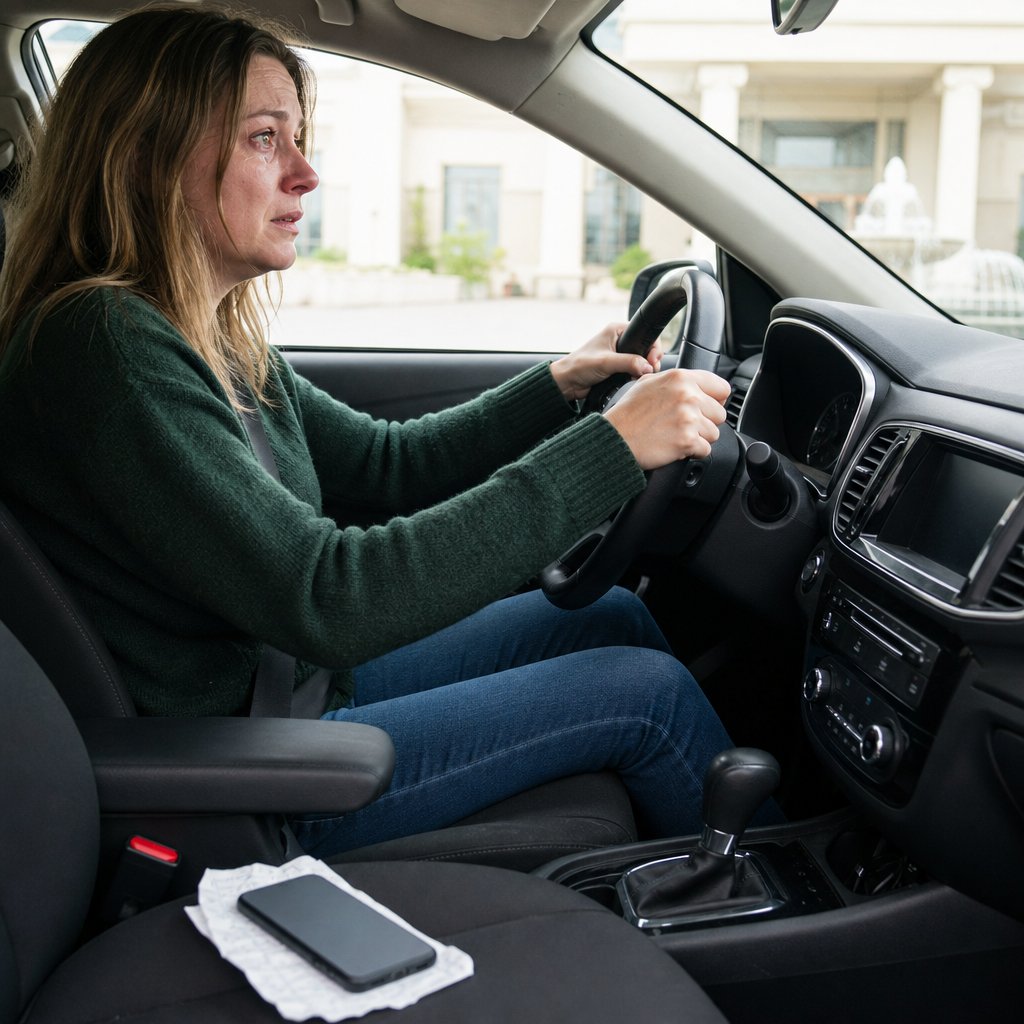 Nina sits in her car gripping the steering wheel, eyes wet, with a phone face-down on the passenger seat.