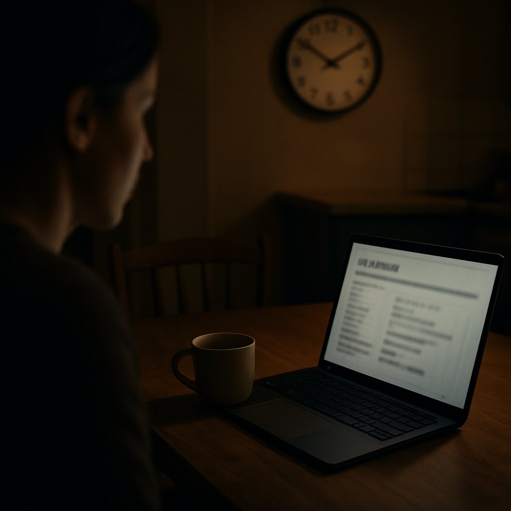 Nighttime kitchen table with laptop screen and cup of tea, clock blurred on wall behind.
