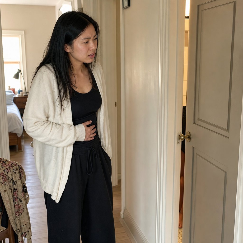 Mara stands rigid in the hallway, reacting to a floral scent and new evidence.