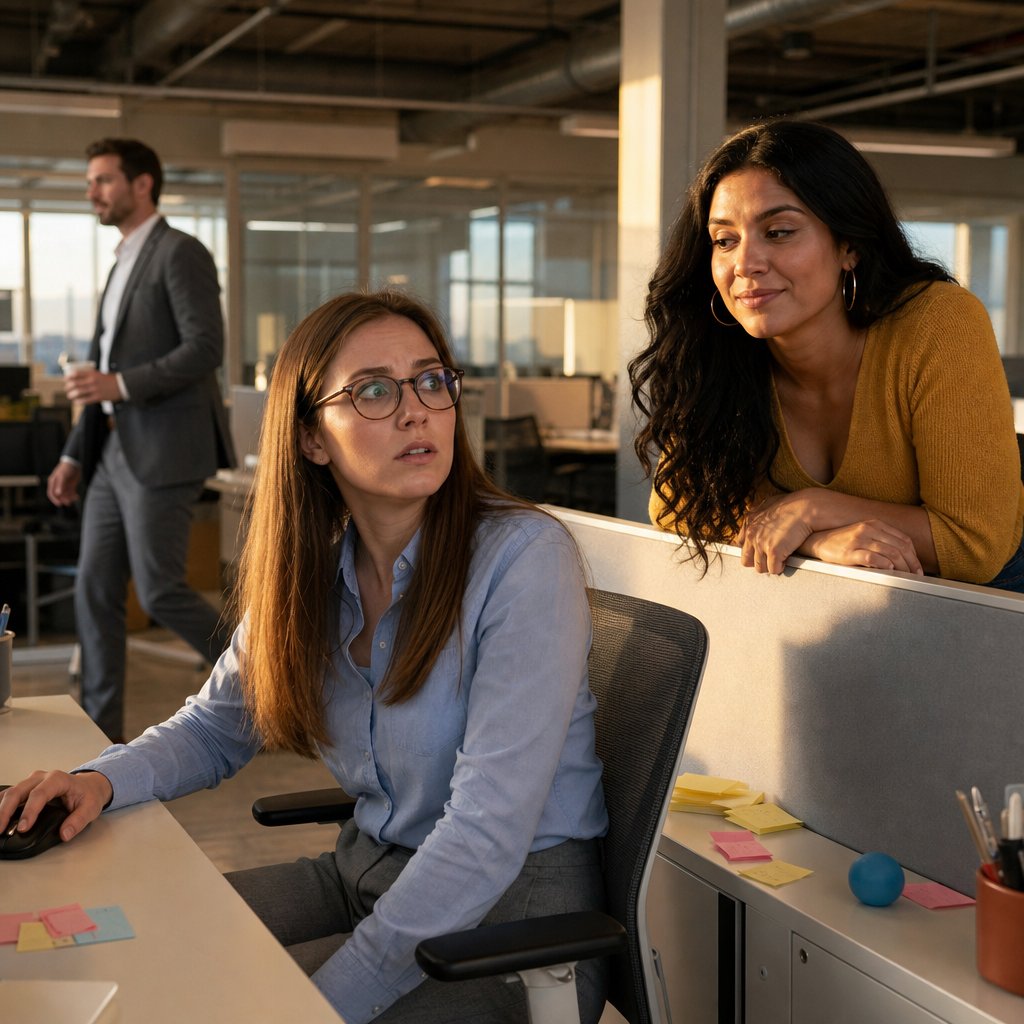At the office, Jenna jokes loudly while Ivy freezes at her desk.