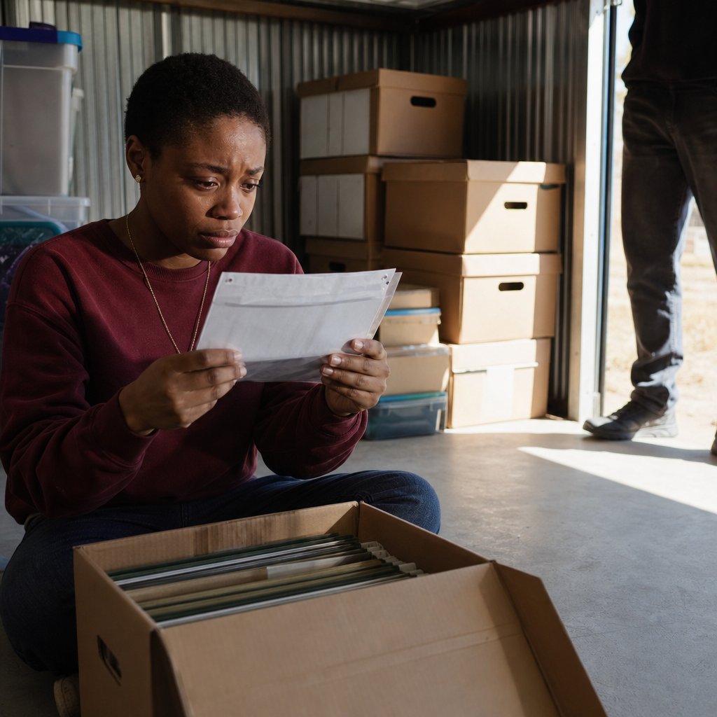 Mara sits on a storage unit floor holding a statement, crying as someone’s shadow blocks the doorway light.