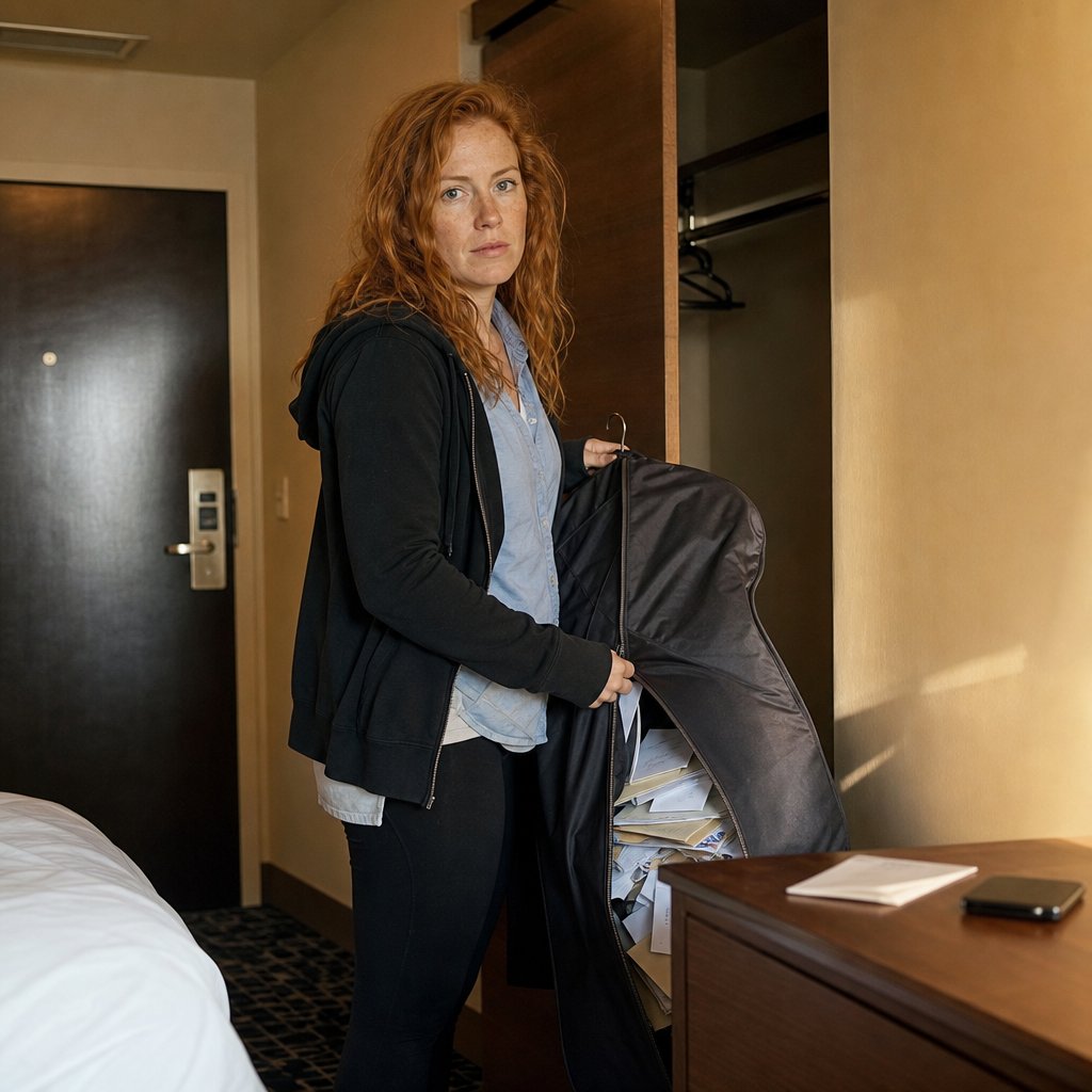 Marin stands in a hotel room by an open suit bag and returned mail as the door handle begins to turn.