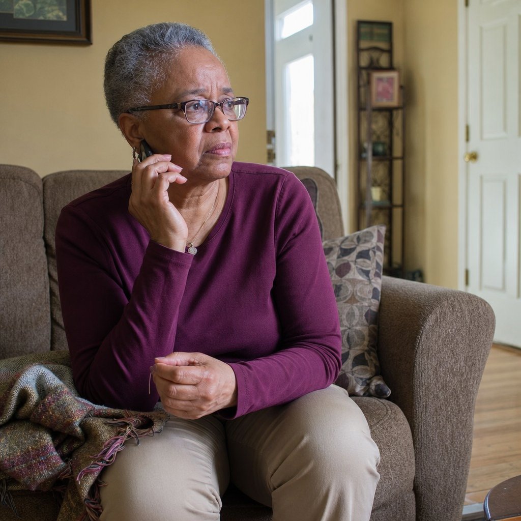 The narrator sits stiffly on a couch, phone to ear, staring at her front door with a strained expression.