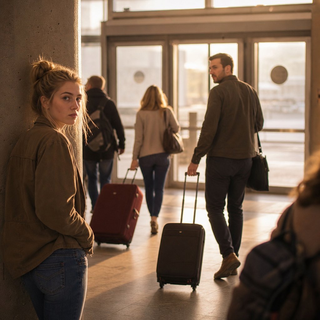 Mara hides behind a pillar watching Graham roll his suitcase toward the airport exit.