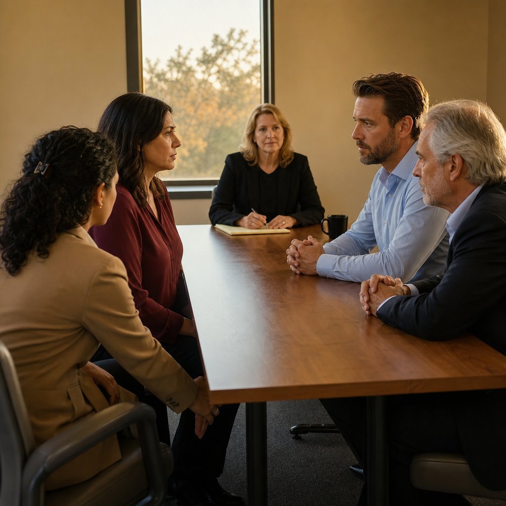 Mara faces Grant across a mediation table as lawyers and a mediator sit tensely around them.