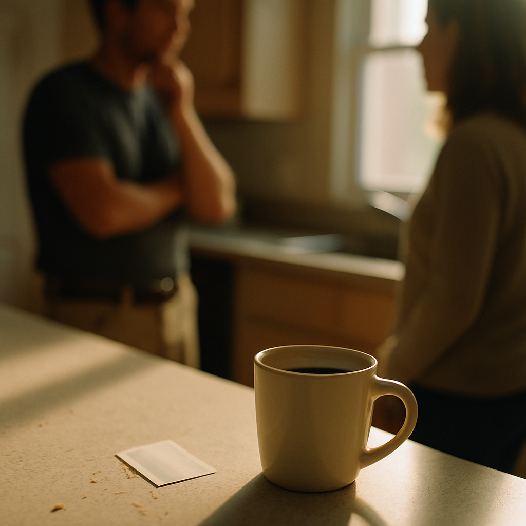 Kitchen counter with coffee mug and contractor card in soft morning light.