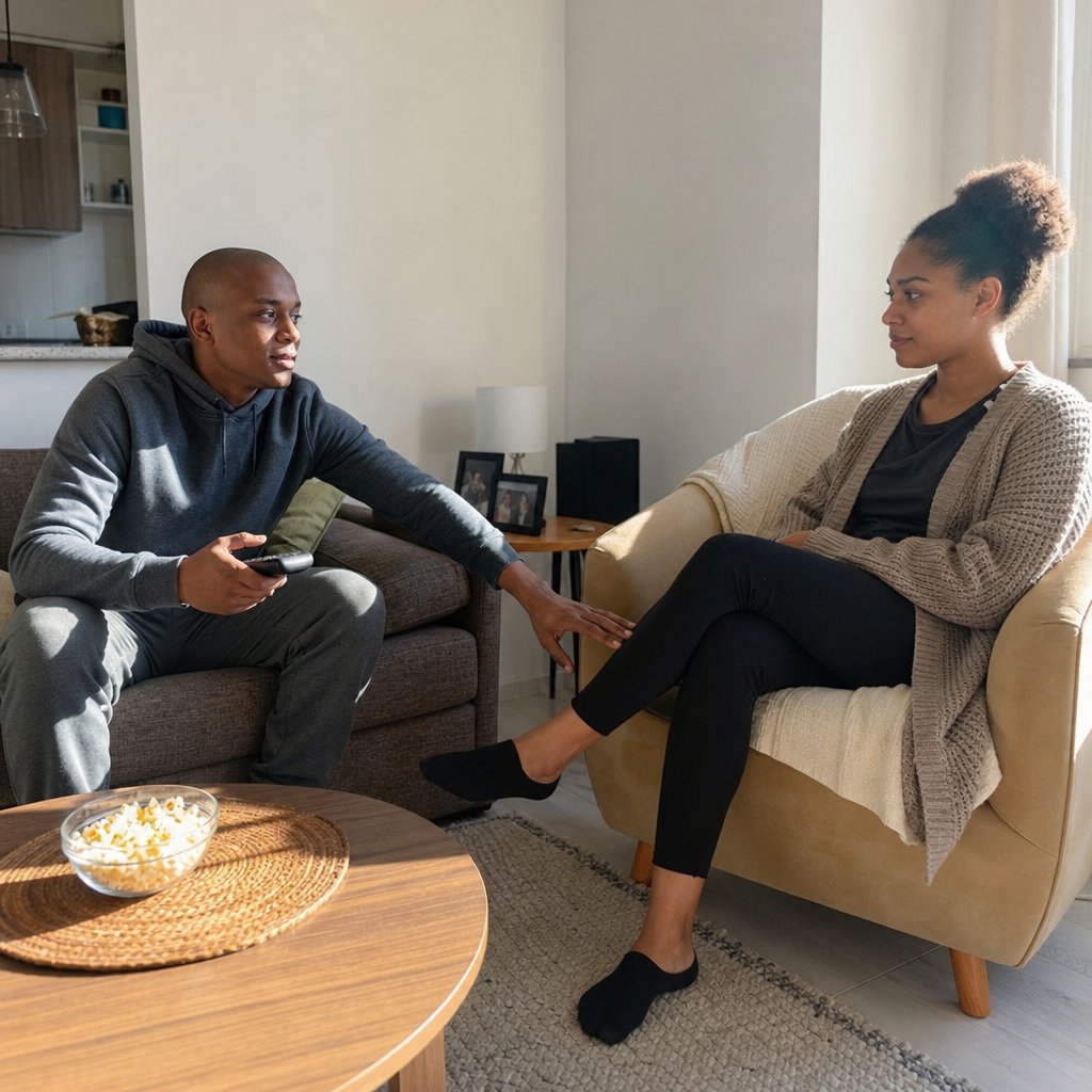 A man lounges on a couch reaching toward a woman’s ankle as she watches him calmly from a chair.