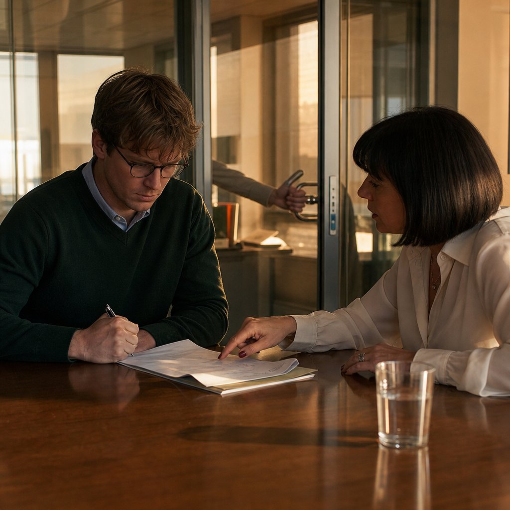 Finance confronts Iris with an expense report bearing his signature as someone approaches the door.