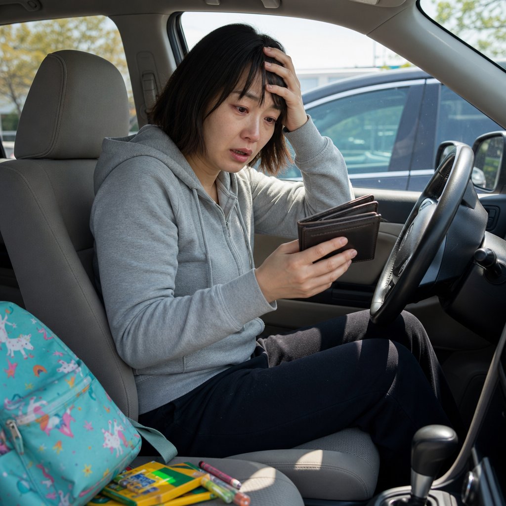 Iris sits in her car, rubbing her forehead as if blindsided by bad financial news.