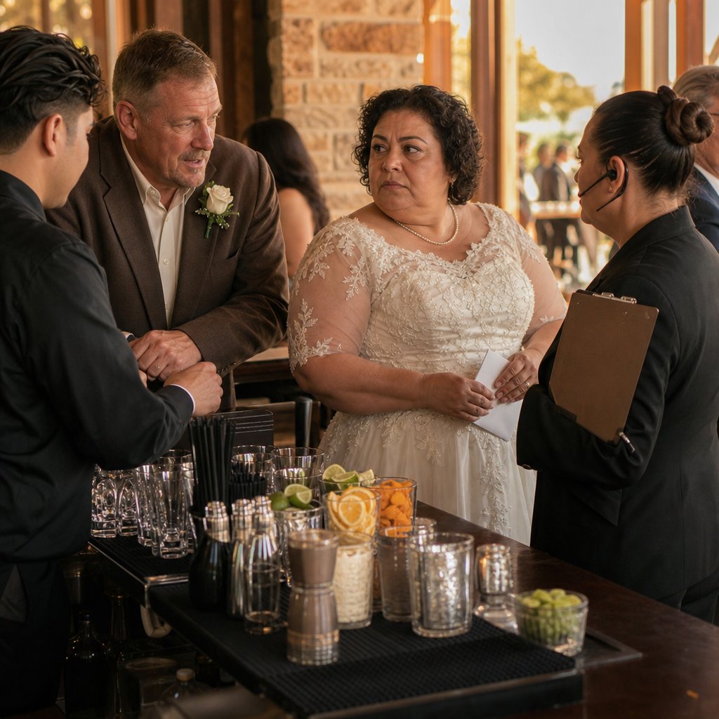 A man in a brown jacket with a boutonnière stands at the bar while the bride stares at him, clutching an envelope.
