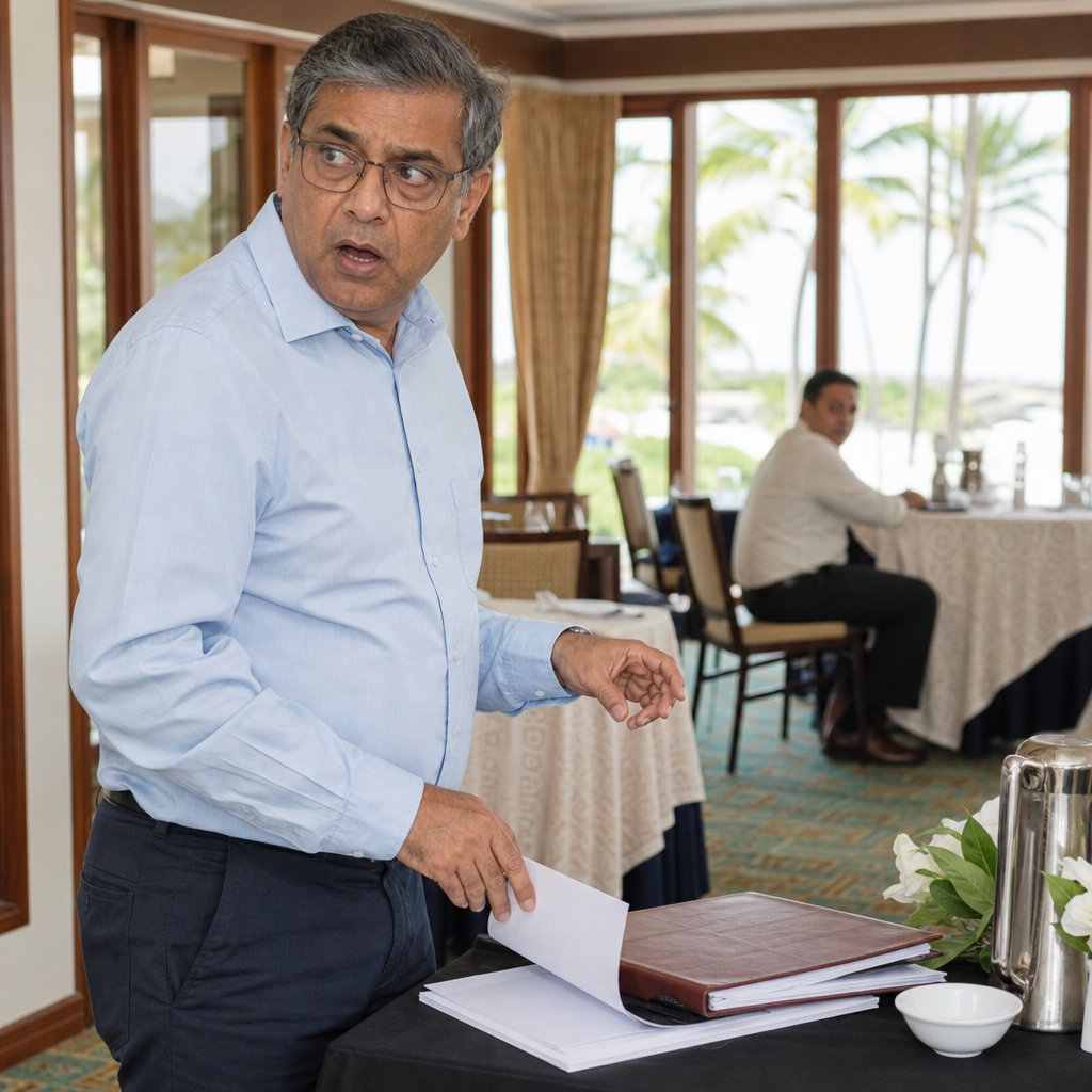 In a conference room, Mara pulls a hidden itinerary sheet from under a binder while someone behind him shifts a chair.