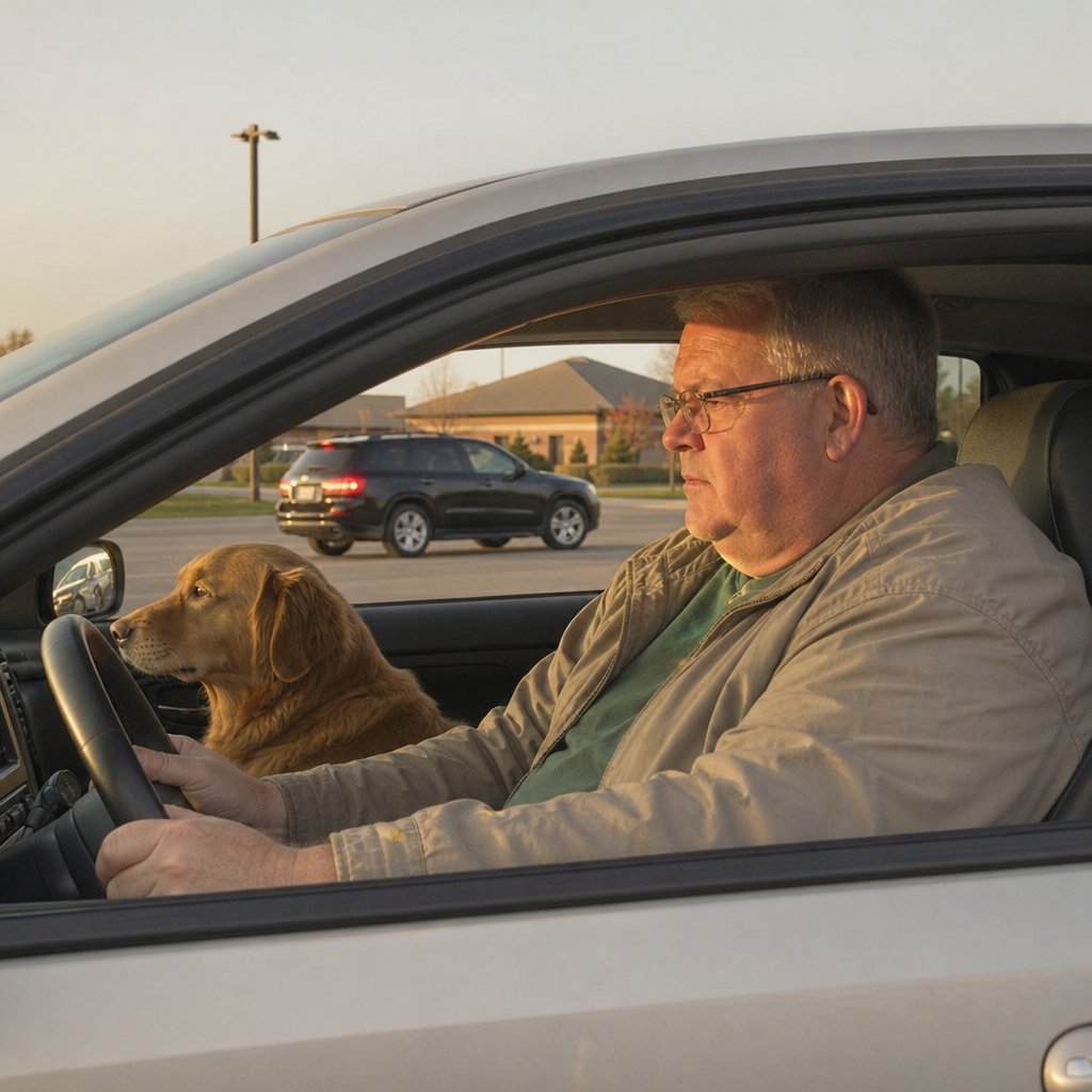 A tense man with glasses sits in a car with a golden retriever as a black SUV turns onto the road in the background.