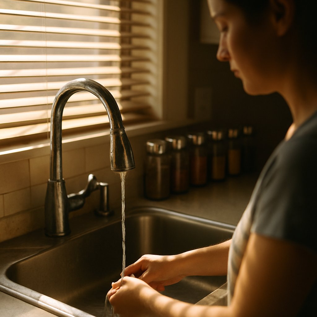 Sunlit kitchen sink with water droplets and spice jars in soft light