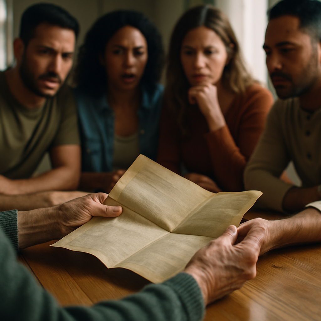 Group looking at old life insurance policy unfolded on table under soft daylight