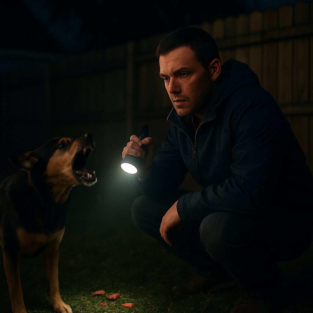 Man crouching with flashlight near fence at night with dog and hot dog pieces on ground.