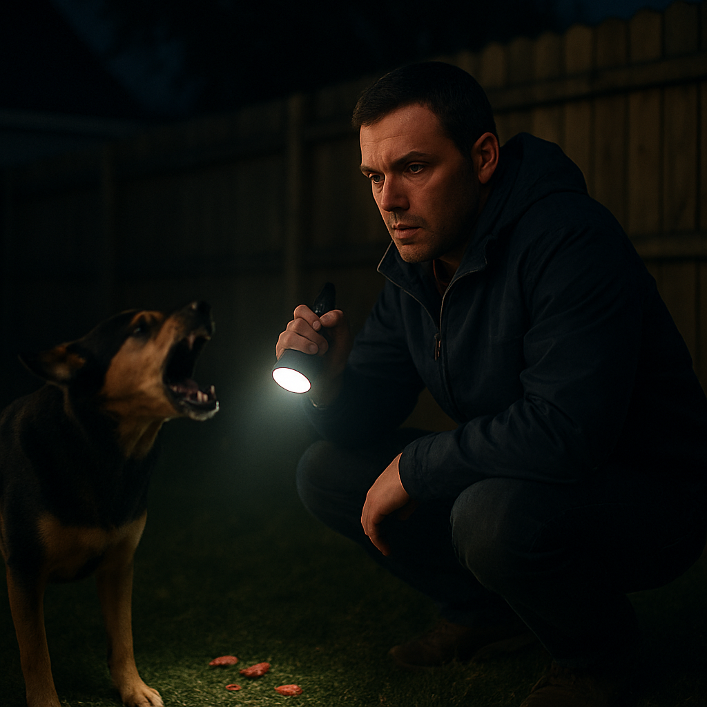 Man crouching with flashlight near fence at night with dog and hot dog pieces on ground.