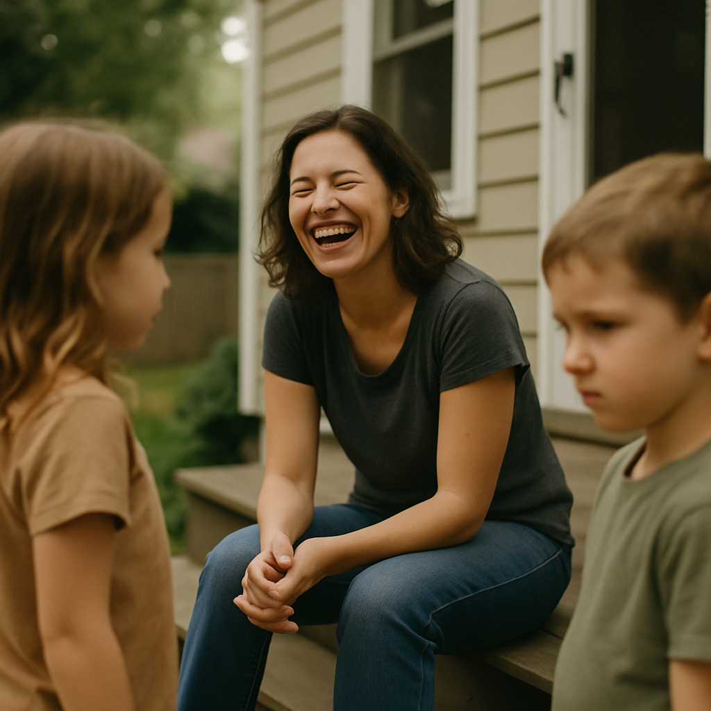 Woman laughing on porch steps with two children nearby in a backyard.