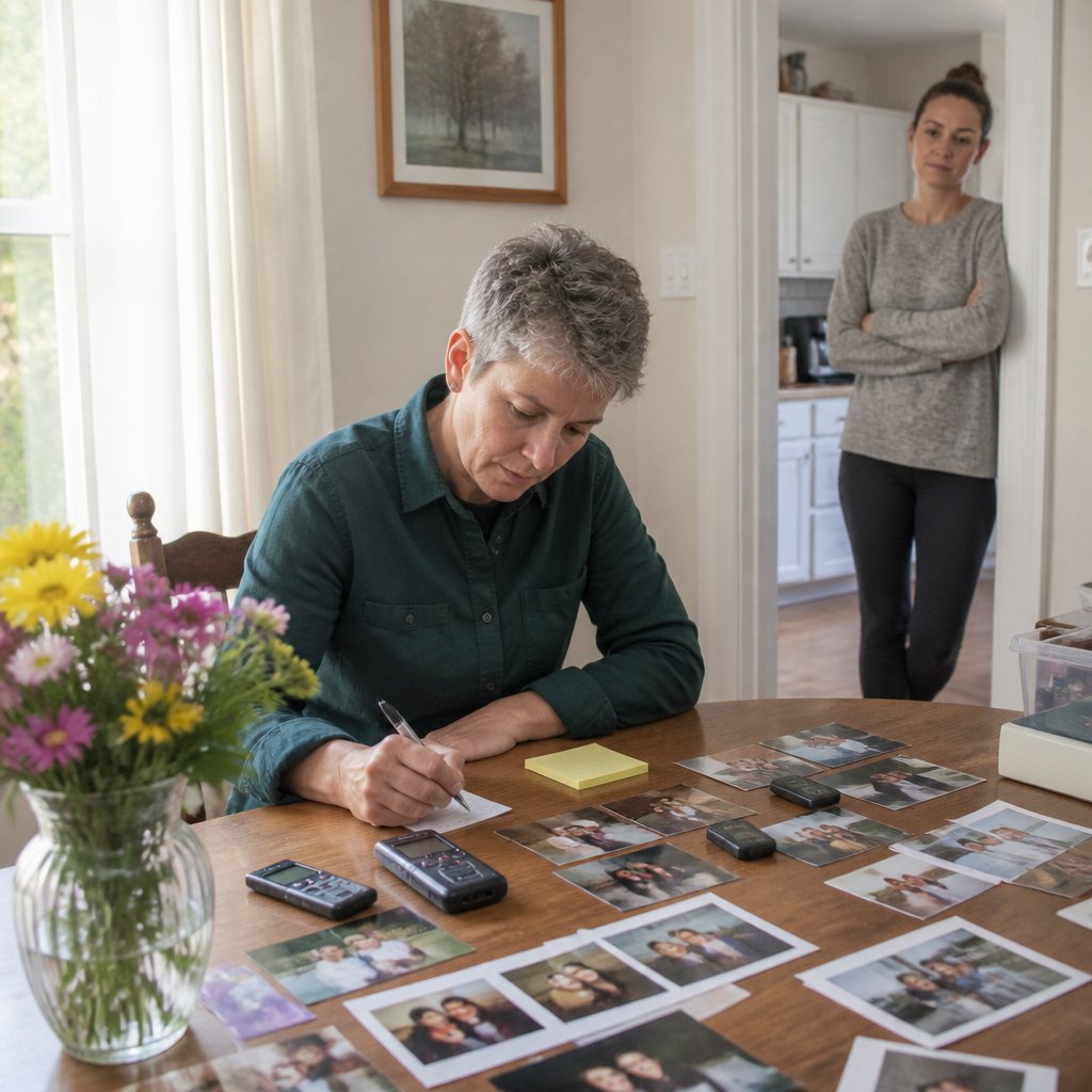 Man organizing photos and recorders at dining table while woman watches from doorway.
