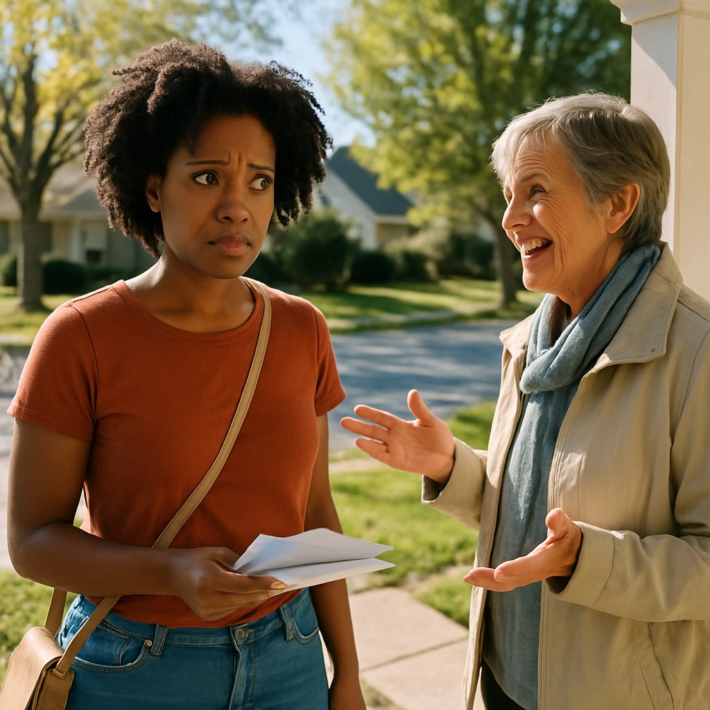 Woman surprised speaking with neighbor who thanks her for a playdate she didn’t plan.