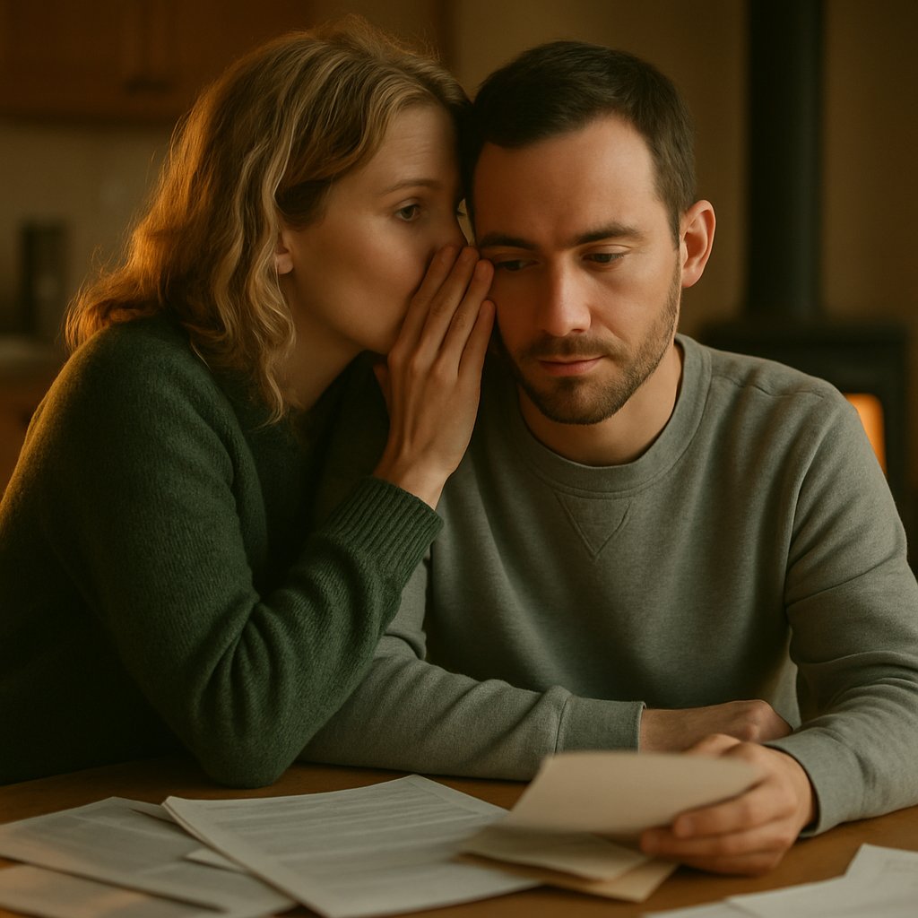 Young woman whispering to man at kitchen table with papers, wood stove behind.
