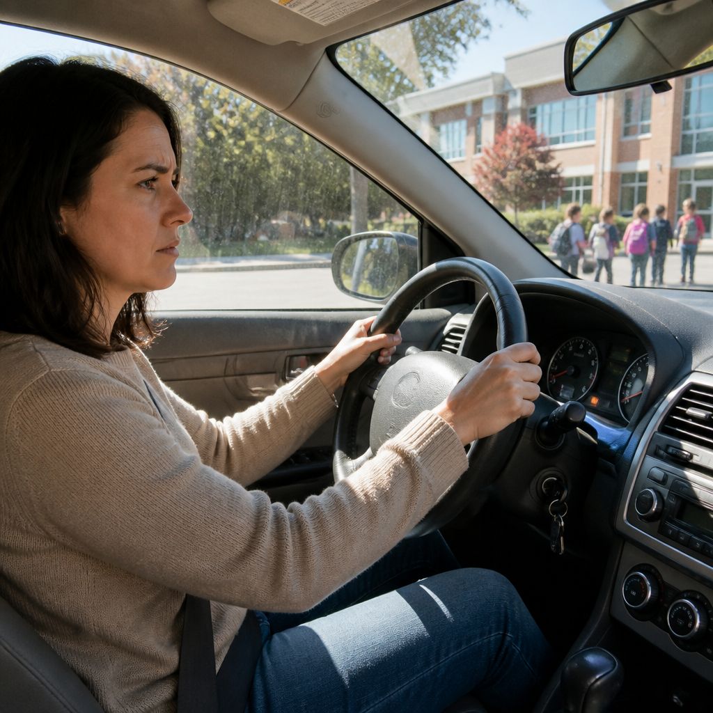 Woman in beige sweater driving with low fuel warning, waiting outside school with kids visible.