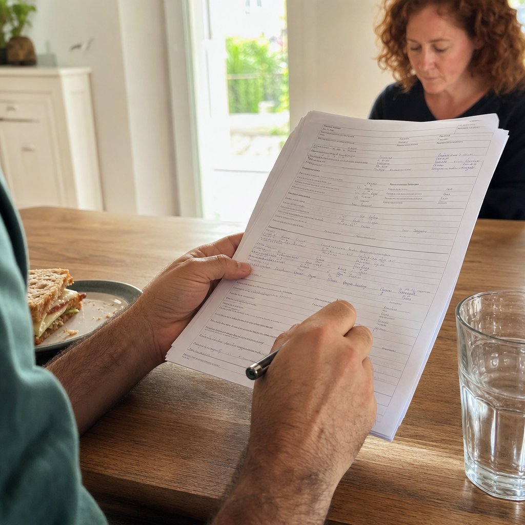 Man holding hospital paperwork at a kitchen table.