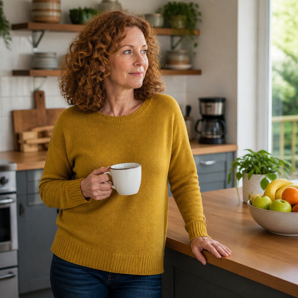 Man in burgundy sweater looking puzzled at phone while standing at kitchen island.